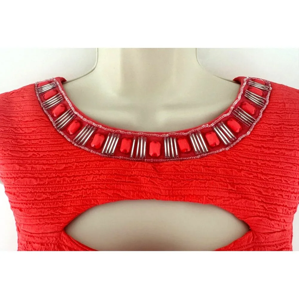 Sandra Darren Orange Coral Beaded Cutout Neckline‎ Fit & Flare Dress Size 14 - Picture 3 of 10